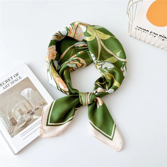 Fashion Flower Print Hair Scarf for Women Neckercheif Satin Silk Square Scarves Hairbands Ribbon Shawl Wraps Lady Hijab Headband