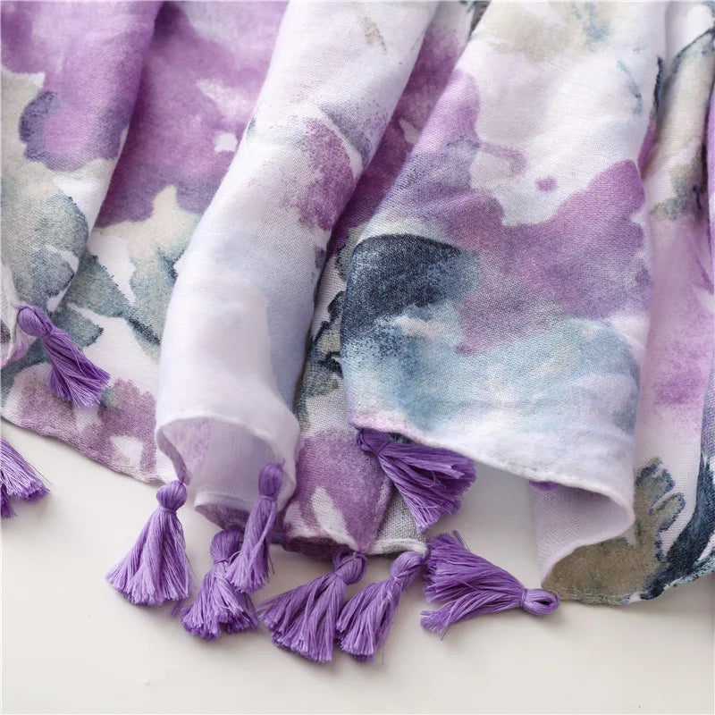 2023 New Purple Ink Flowers Retro Long Scarf Women Bohemia Luxury Florals Beach Shawls Viscose Hijab Scarves