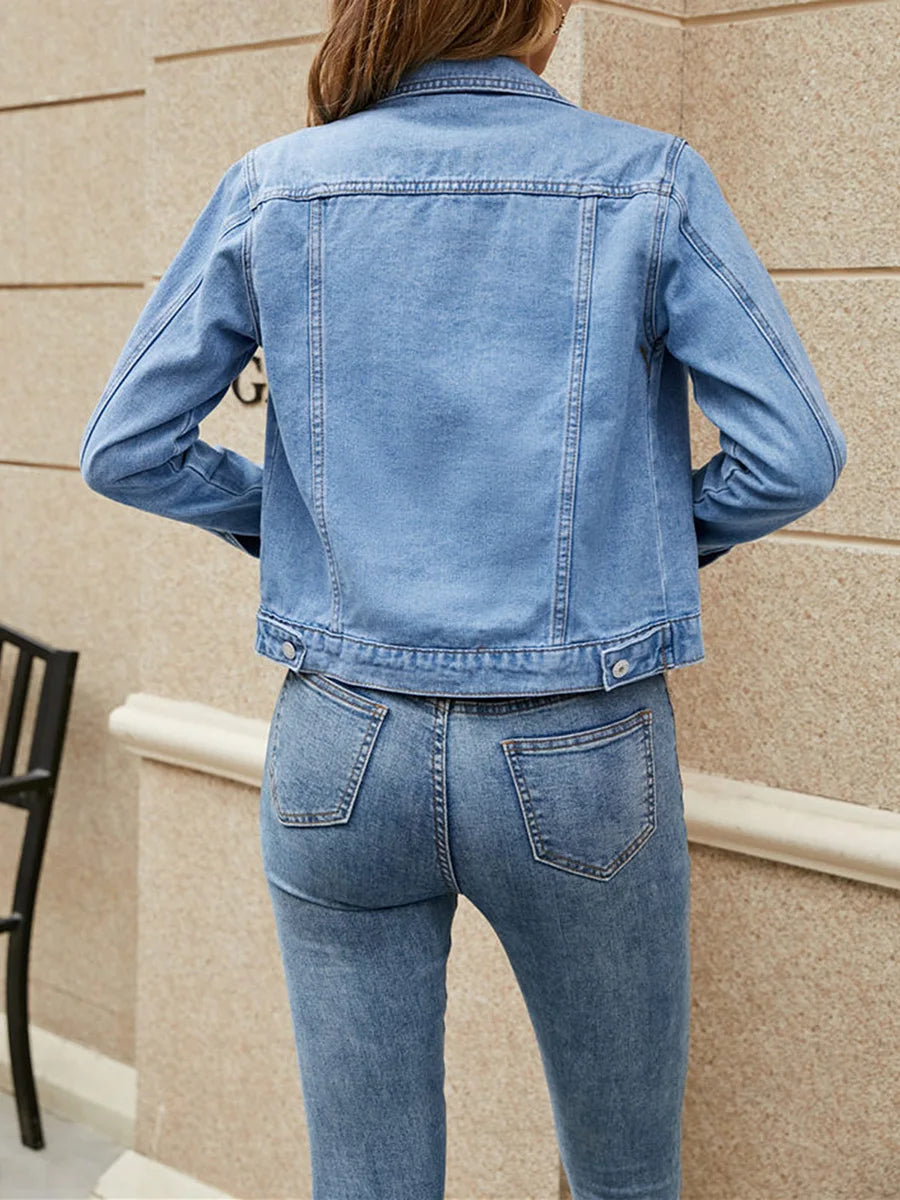 Women Denim Jacket Solid Color Black Blue Yellow Pink Red Casual Long Sleeve Button Down Chest Pocket Jean Jacket