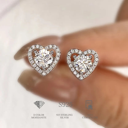 DiamondWorld Real 0.5CT D Color Moissanite Diamond Heart Halo Stud Earrings for Women 925 Sterling Silver Luxury Fine Jewelry