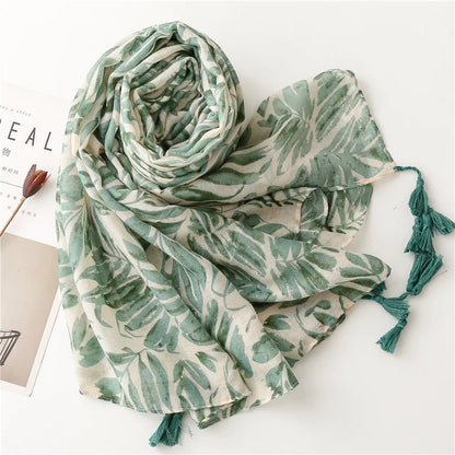 Green Leaves Prints Travel Scarf Women Luxury Long Beach Scarves Shawls for Lady Decor Shawl Hijab Scarves with Tassel 2023