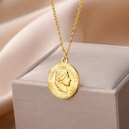 Portrait Queen Coin Necklace For Women Stainless Steel Fashion Gold Color Round Pendant Carved Chain Collar Waterproof Jewelry