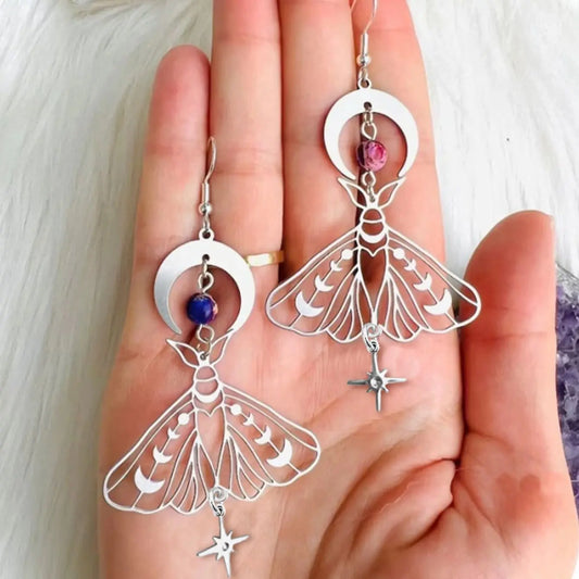 2 Pcs Exquisite Moon Star Moth Insect Bohemian Silver Color Asymmetrical Copper Earrings Women Daily Party Gift Jewelry