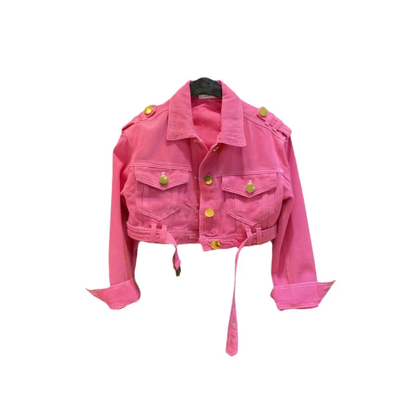 2-15 pink kids baby girls Jean jacket autumn solid color lapel metal button children fashion teenages girl short coat clothes