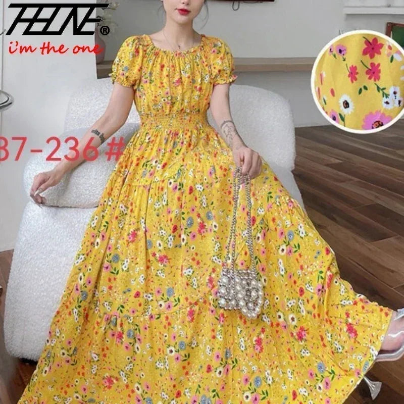 THHONE Vestidos Robe Maxi Long Dress Women Summer Indian Clothes Bohemian Cotton Linen Floral Short Sleeve Korean Style Casual