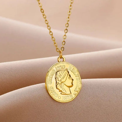 Portrait Queen Coin Necklace For Women Stainless Steel Fashion Gold Color Round Pendant Carved Chain Collar Waterproof Jewelry