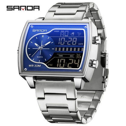 SANDA 6163 Fashion Trend Men's Quartz Watch Fashion Square Watch Countdown Sports Waterproof Dual Display Digital Men's Watches