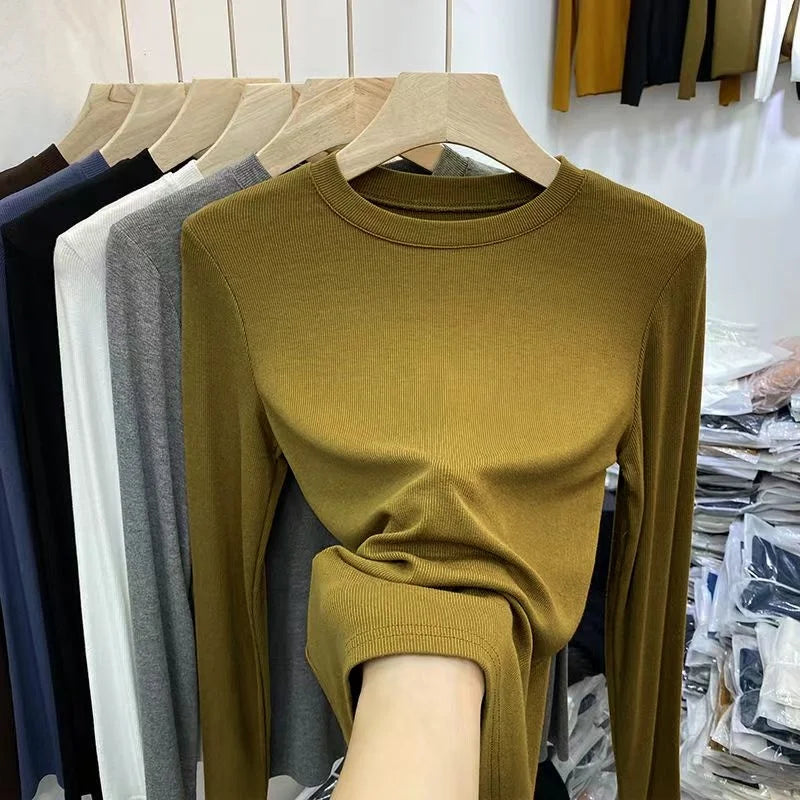 Autumn Office Lady Basic O-Neck Slim T-Shirt Women Solid Multi Color All-Match Trend Casual Top Screw Thread Long Sleeve Elastic