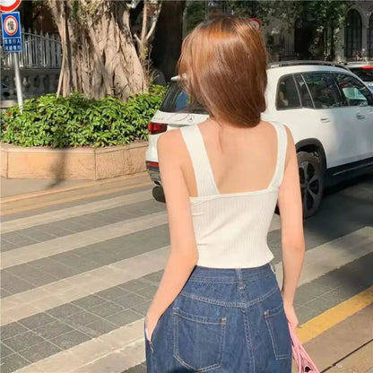 Women's Y2K Cropped Tops with Bra Pads Summer Corset Korean Suspenders Vest Sexy Camisole Slim New