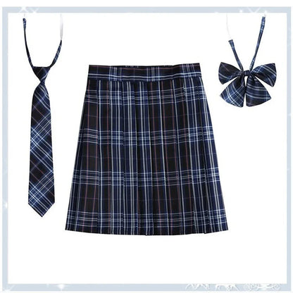 Women Plaid Pleat Skirt With Necktie Bowtie