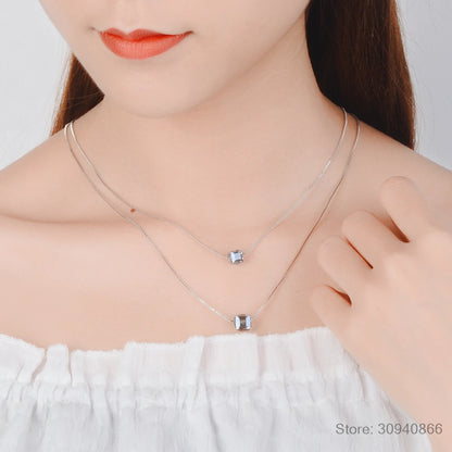 925 Sterling Silver Double Layer Square Box Simple Cube Crystal Necklace For Women choker Colar de Prata S-N194