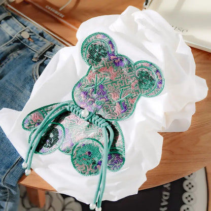 Buckle Green Bear Beading T-shirt Heavy Handmade Diomand Shiny Bowknot Embroidery T Shirt Summer Tees Top Accessories Clothes