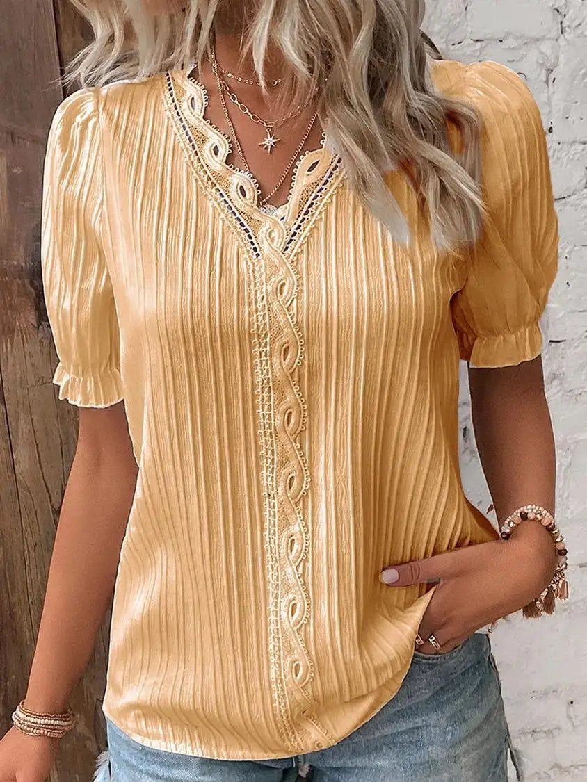 Women's Summer New Top 2024 Solid Sexy V-Neck Hollow Short Sleeve Shirt Fashion Splice Plus Size Blouse Loose Street Apparel