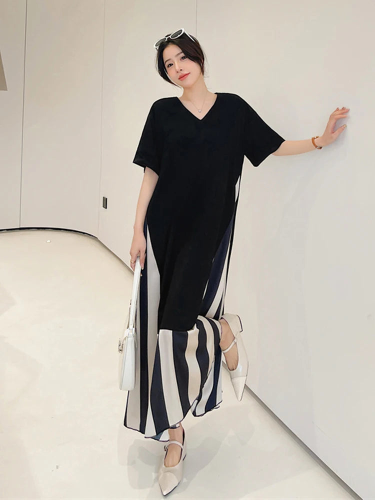 NYFS 2024 Summer New Korea Dresses For Women Vestidos Robe Elbise Loose Plus Size Patchwork Silk Velvet Stripe Long Dress