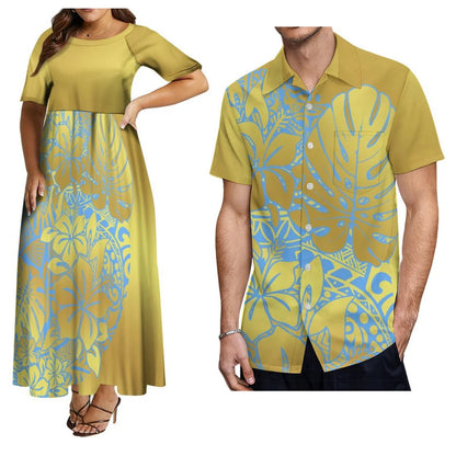 Hot-Selling Women'S Short-Sleeved Dress And Men'S Aloha Shirt Samoa Polynesian Tribe Paired With A Black Couple Outfit