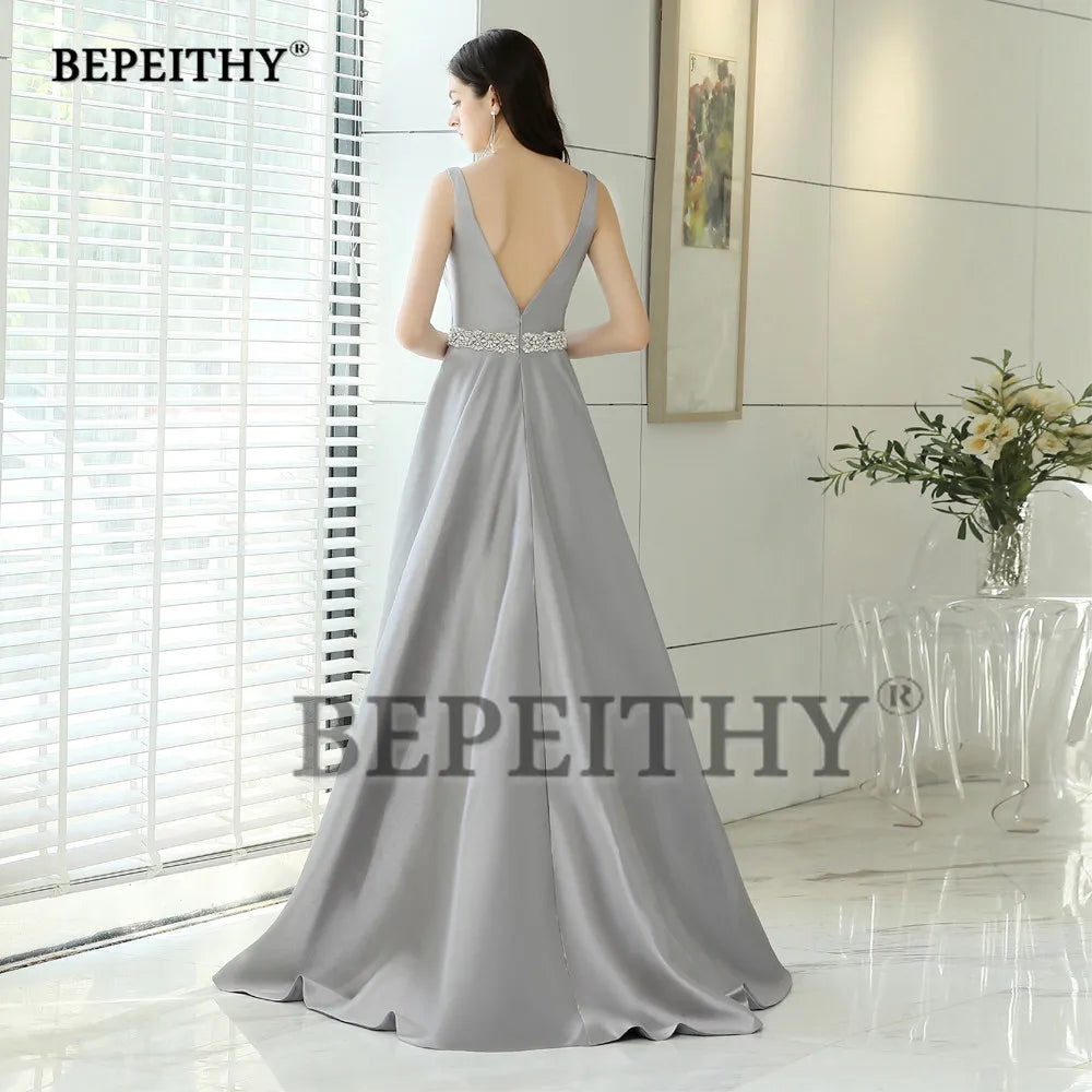 BEPEITHY Customized V-neck Evening Dresses With Crystal Belt Vintage V Neck Elegant Formal Gown Floor Length Prom Dress 2023