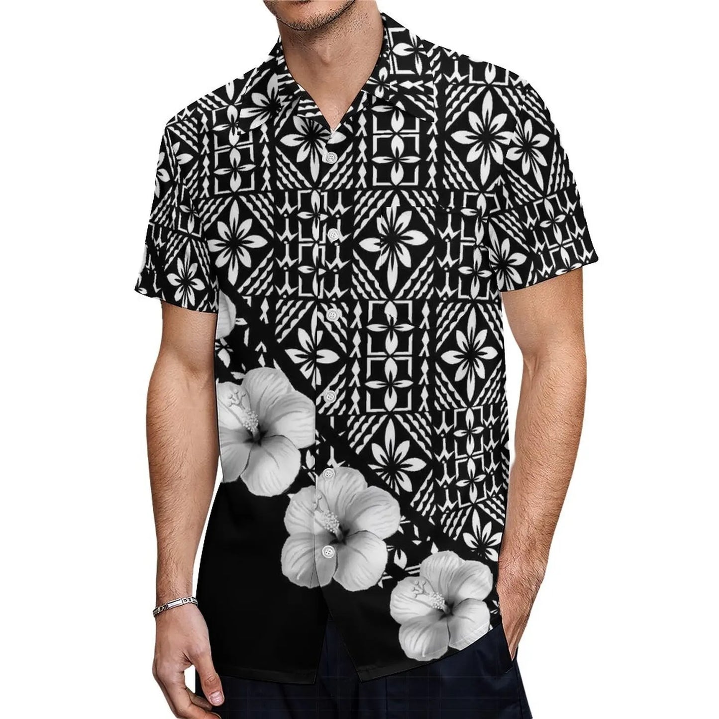 Hot-Selling Women'S Short-Sleeved Dress And Men'S Aloha Shirt Samoa Polynesian Tribe Paired With A Black Couple Outfit