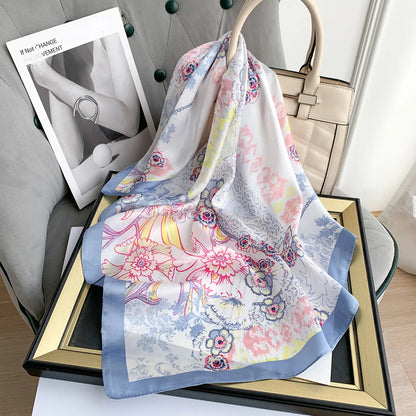 Fashion Design Satin Silk Square Scarf Print Hair Ribbon Scarf for Women Neckerchief Bandana Floral Printing Shawl Headband 2023