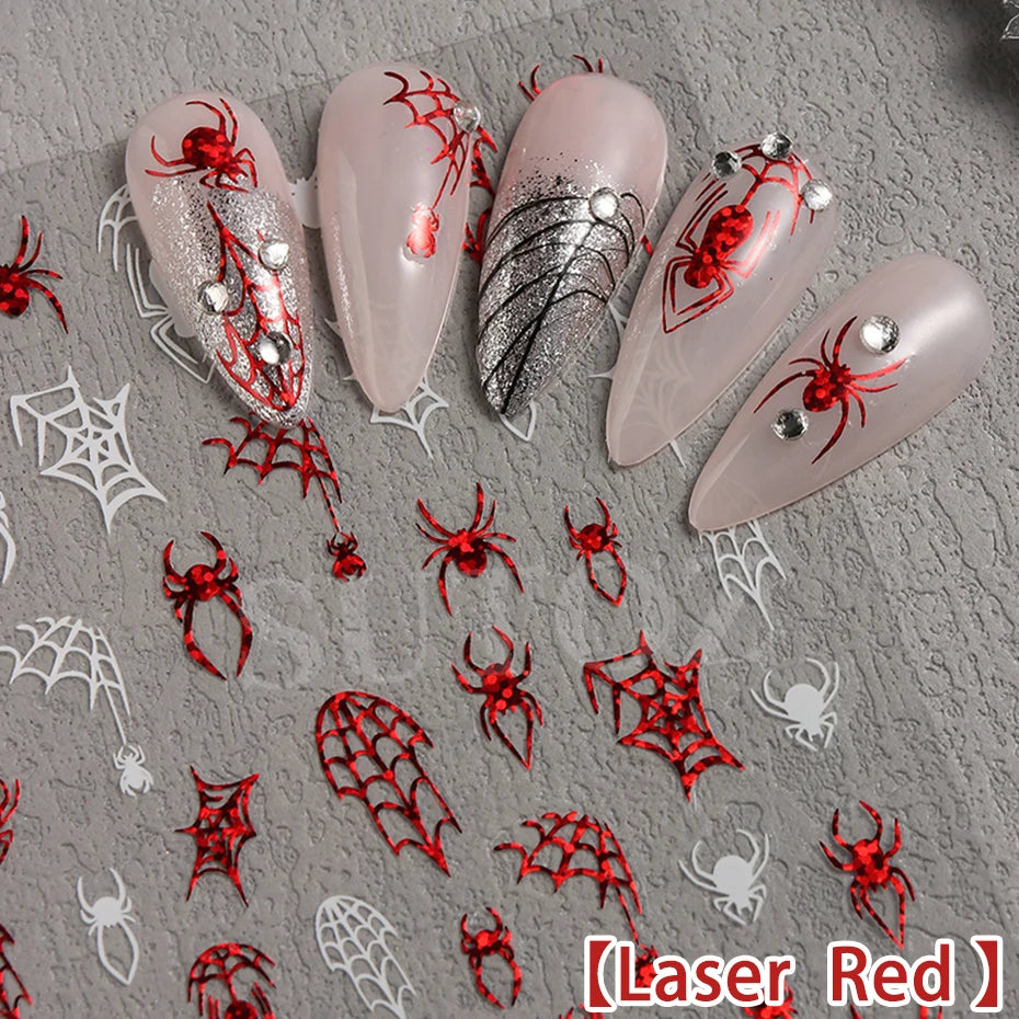 Red Spiders Halloween Nail Stickers Y2K Laser Red Spider&Cobweb Black White Halloween Night Party DIY Nails Charms Decor LESU-37