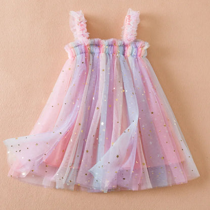 Sweet Girls Summer Flying Sleeve Bow Sequin Dress 2-6Y Kids Birthday Party Pink Fluffy A-line Princess Dress for Cute Baby Girl