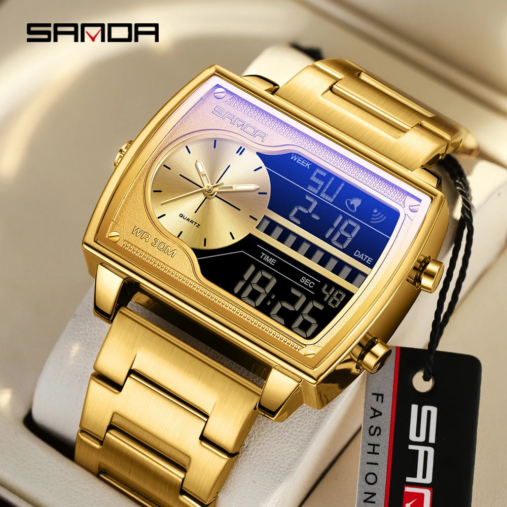 SANDA 6163 Fashion Trend Men's Quartz Watch Fashion Square Watch Countdown Sports Waterproof Dual Display Digital Men's Watches