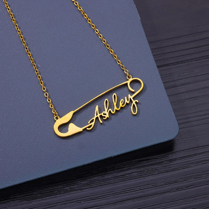 Custom Safety Pin Name Necklaces For Women Girl Stainless Steel Gold Color Personalized Pin Nameplate Pendant Necklace Jewelry