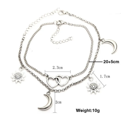 Two Layers Chain Heart Moon Sun Gold Silver Color Anklets For Women Bracelets Summer Barefoot Sandals Jewelry On Foot Leg