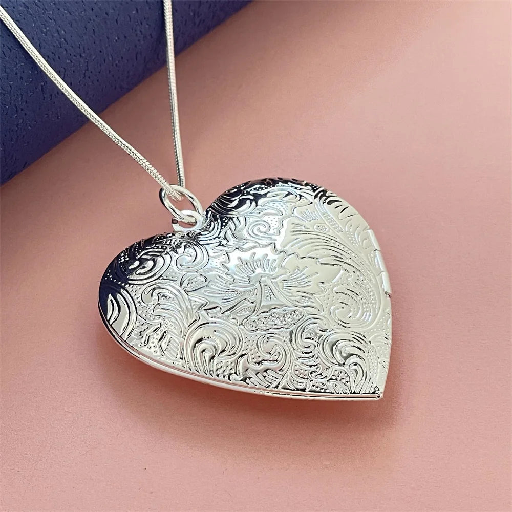 New 925 Sterling Silver Necklace Heart Shape Cross Photo Frame Pendant for Gift Women