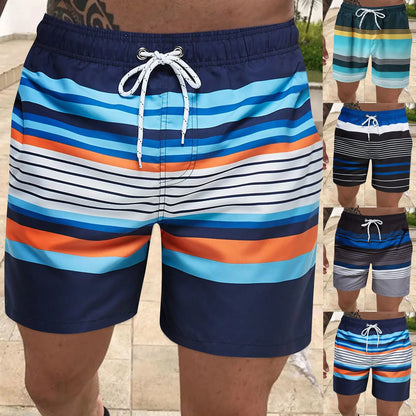 Men's board shorts Fashion striped print color contrast Swim shorts Classic drawstring swim shorts Summer surf swim suit