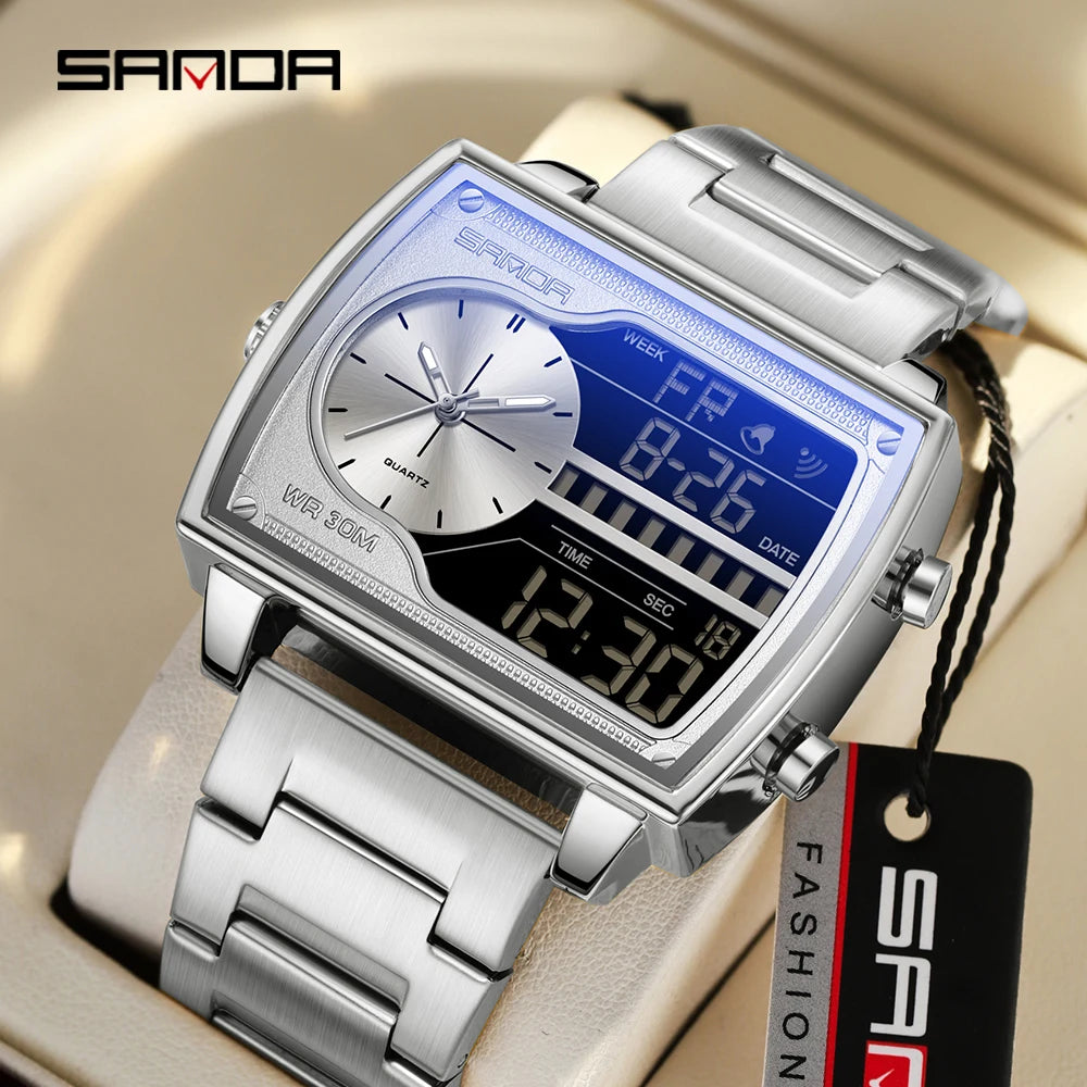 SANDA 6163 Fashion Trend Men's Quartz Watch Fashion Square Watch Countdown Sports Waterproof Dual Display Digital Men's Watches