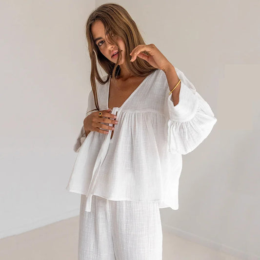 Cotton Trouser Suits Female 2 Piece Sets Lace Up Women's Nightwear Three Quarter Sleeve V Neck Pajamas Loose Sleepwear