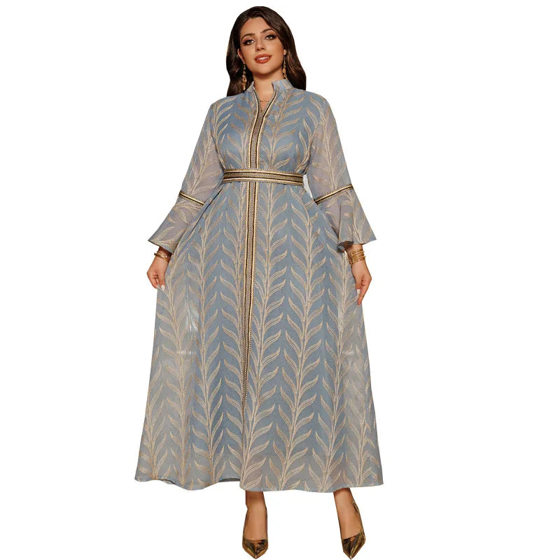 Long Muslim Dress for Women Middle East Ramadan Turtleneck Islamic Embroidery Horn Sleeve Sleeve Head Dubai Elegant Fashion