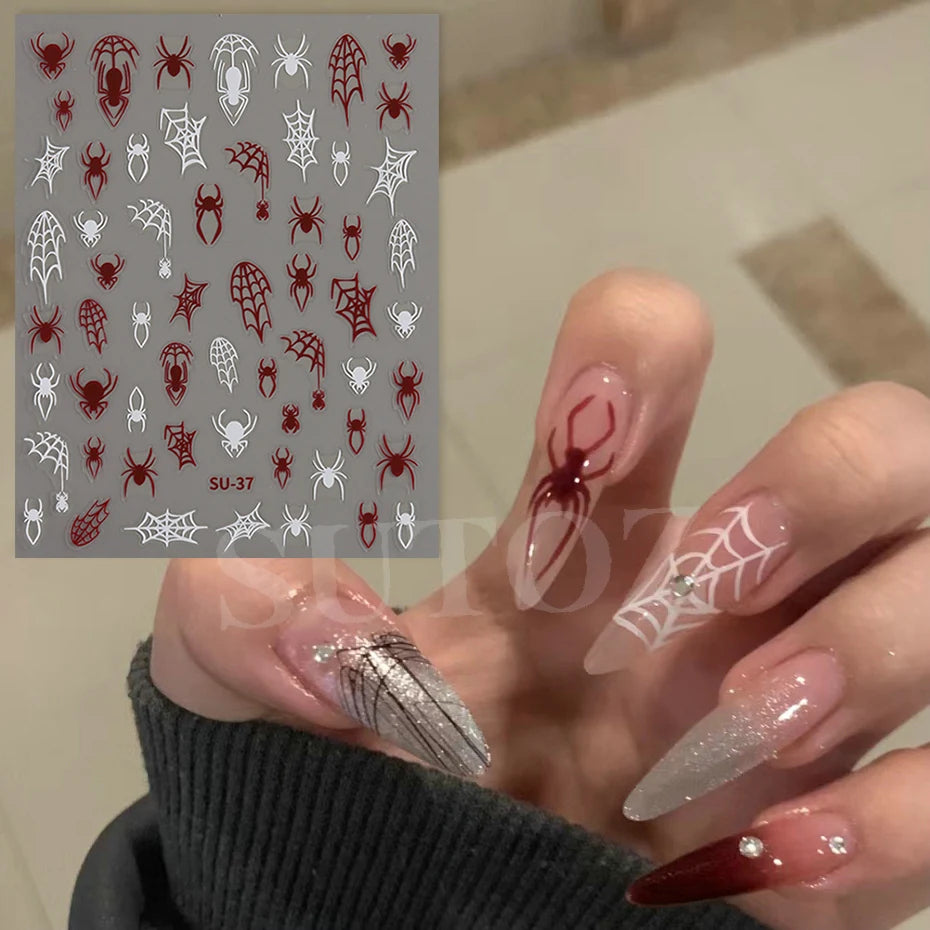 Red Spiders Halloween Nail Stickers Y2K Laser Red Spider&Cobweb Black White Halloween Night Party DIY Nails Charms Decor LESU-37