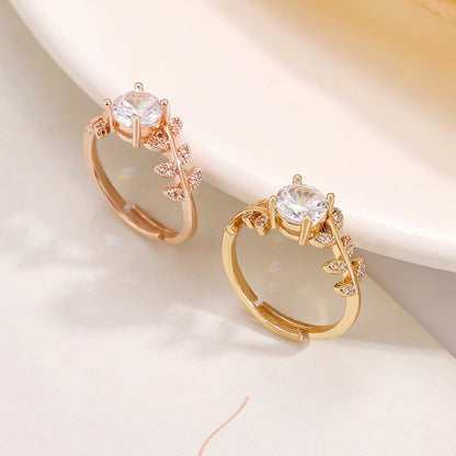 Rhinestone Leaf Design Adjustable Opening Rings for Women Sparkling Round Zircon Ring Party Daily Wear Fashion Luxury Jewelry