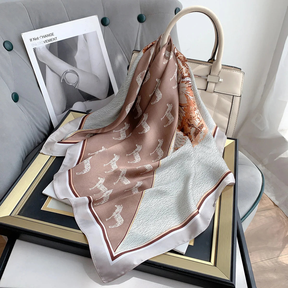 Luxury Square Scarf for Women Fashion  Animals Patchwork Prints Satin Silk Hair Bands Lady Neckerchief Headband Bandana 2023