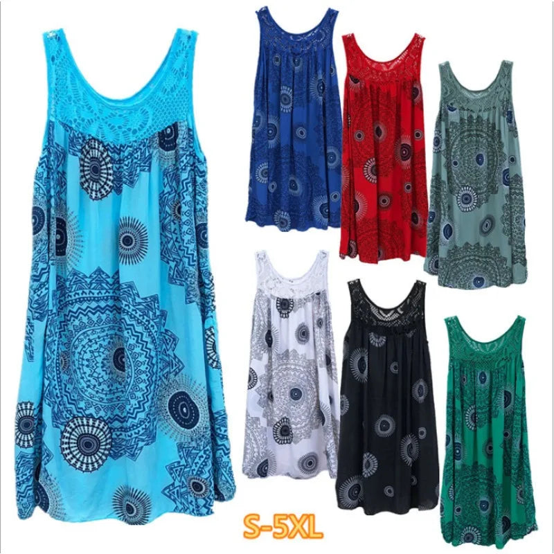 Women's clothing summer sleeveless camisole dress lace print sleeveless large swing loose sexy dress long skirt plus size