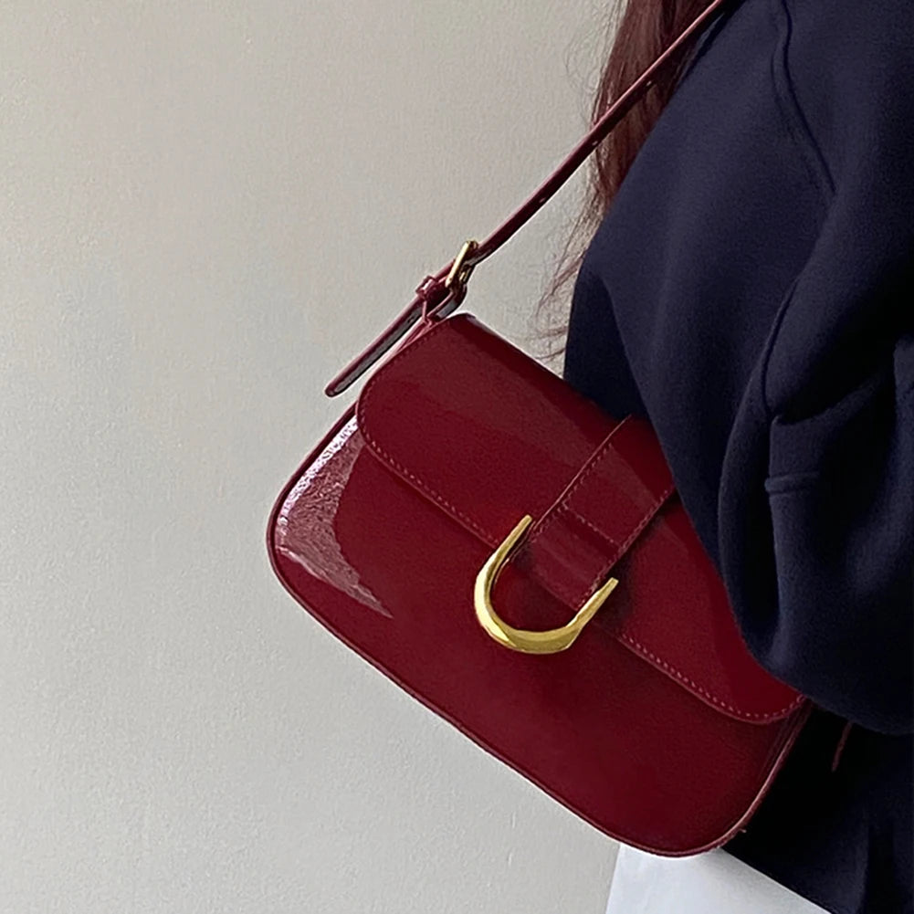 Retro Patent Leather Shoulder Bag For Women Luxury Flap Crossbody Bag Solid Color Underarm Bag Red Crossbody Bag Lady Handbag