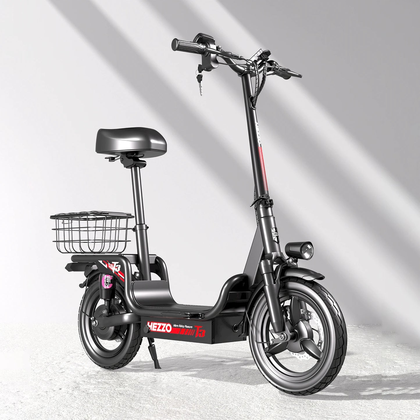 HEZZO Electric Scooter w/ Seat & Basket 48V 15Ah 500W Powerful Motor Foldable E-Scooter Ample Storage Up to 20Mph 25Miles Range