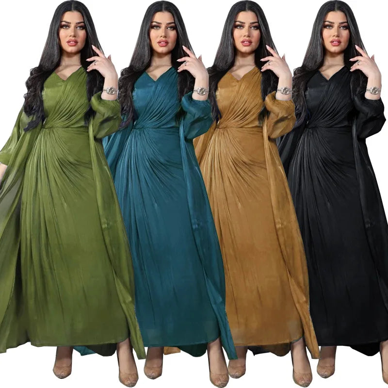 Muslim Women Clothes Silk Satin Eid Ramadan Abaya 2 Piece Set Kaftan Kebaya Moroccan Abayas Dubai Luxury Islamic Caftan Femme