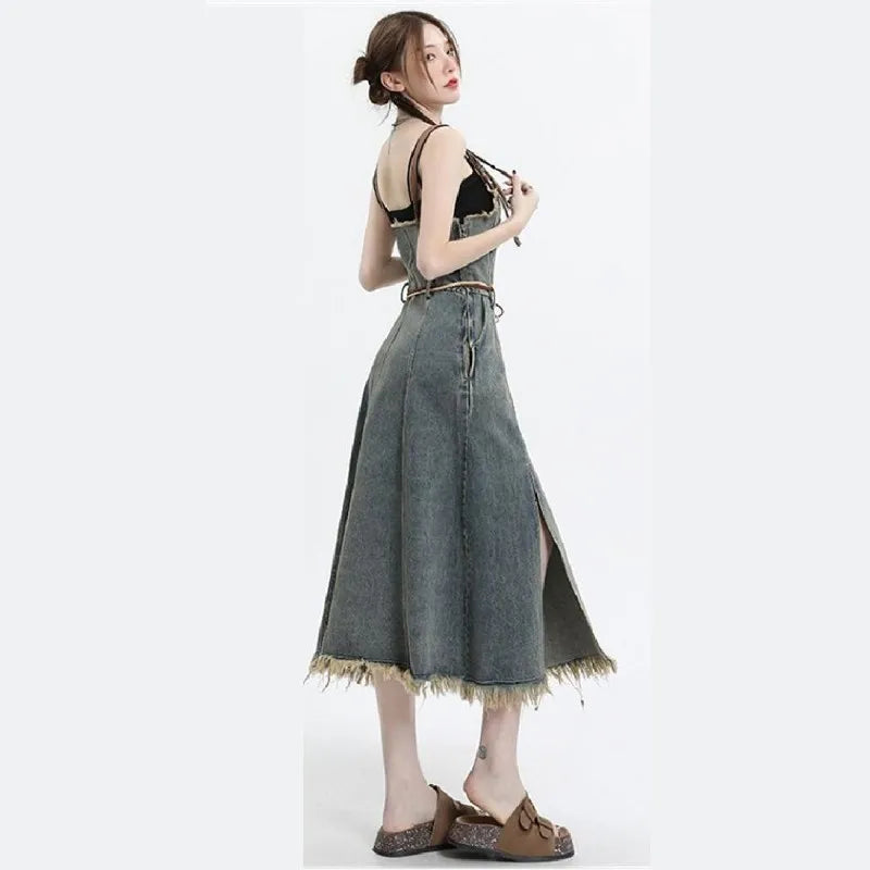 2024 Autumn New Vintage Denim Skirt Matching Set Women's Elegant Loose Hollow Knitted Shirt+Sexy Split Dress Two Piece Suit