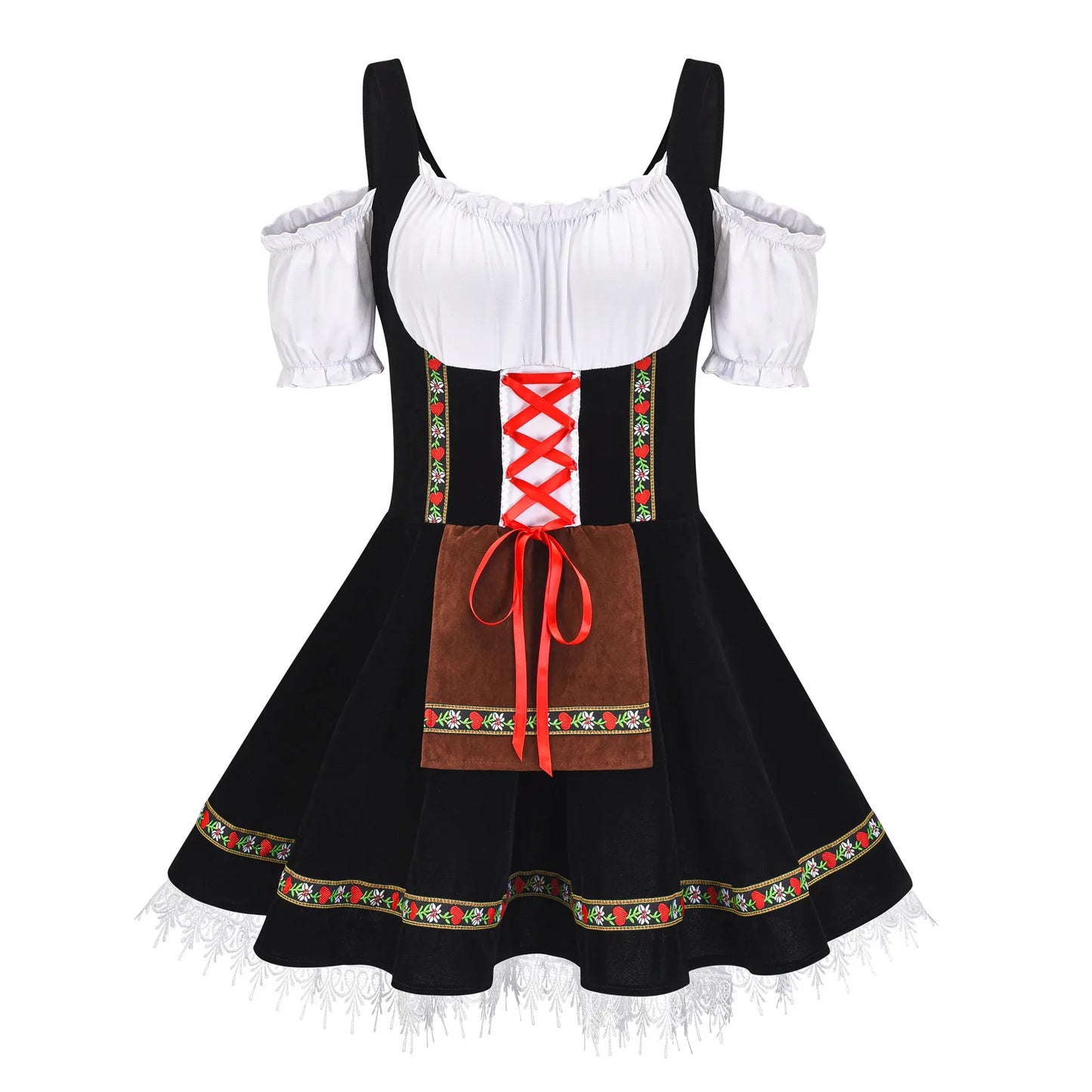 Traditional Oktoberfest Costume Women Vintage Ruffle Lace Trim Dirndl Dress German Bavarian Maid Stage Performance Costumes