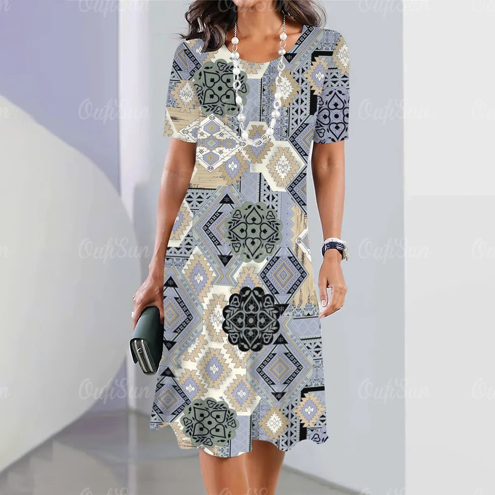 Short Sleeves Dresses Irregularly Printing Long Dress