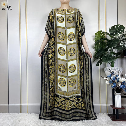 Muslim Abayas For Women 2023 New Fashion Printed Silk Soft Loose Femme Elegant Robe African Maxi Party Dresses With Belt Turban