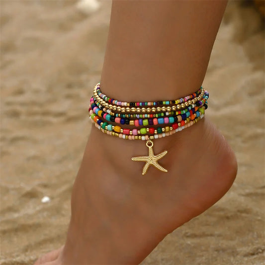 Fashion Multilayer Rice Beads Starfish Pendant Anklet for Women Female Boho Colorful Jewelry Summer Beach Foot Ankle Chain Gifts