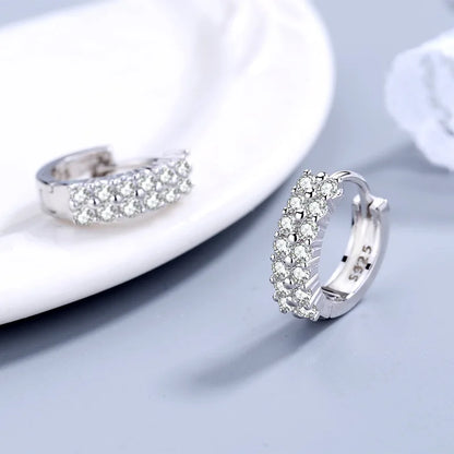 korean fashion 925 Sterling silver Double row Zircon Round Earrings Stud for women fine Jewelry wedding accessories