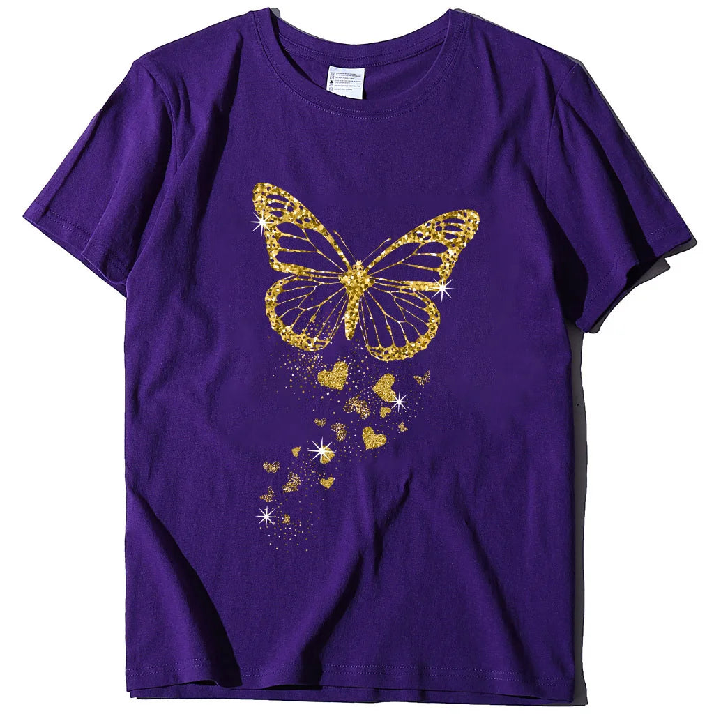 Golden Butterfly Print Women T Shirt Short Sleeve O Neck Loose Women Tshirt Ladies Tee Shirt Tops Clothes Camisetas Mujer