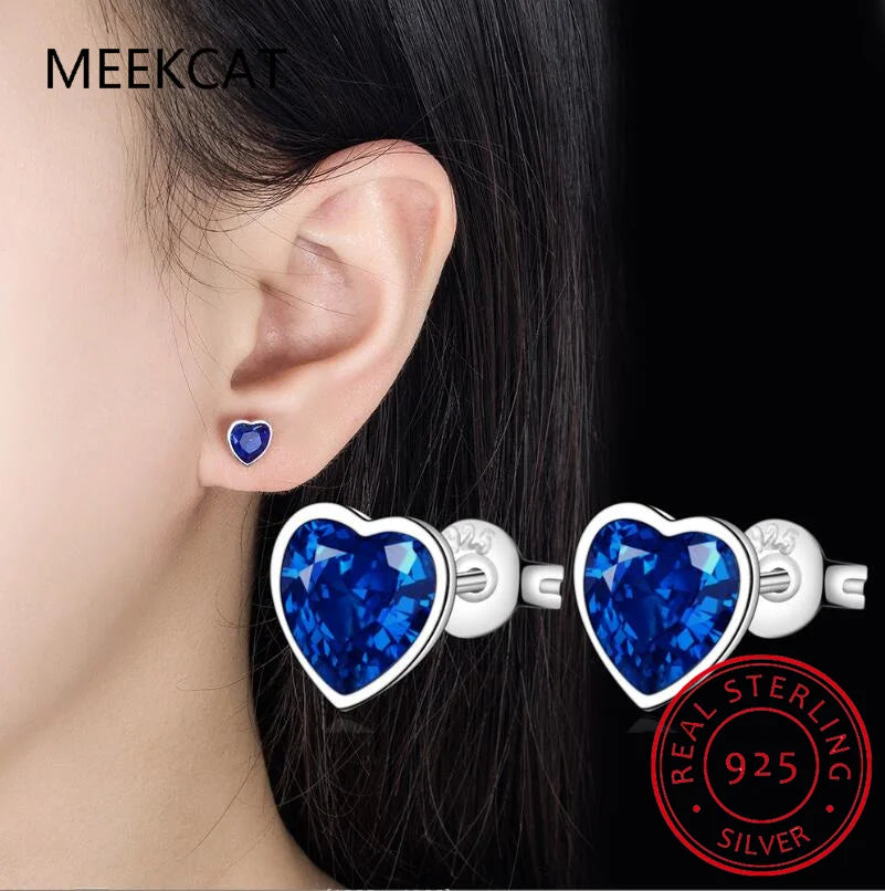 Love Heart 1.2ct Created Blue Sapphire 925 Sterling Silver Stud Earrings for Women Gemstone Fine Jewelry Gift