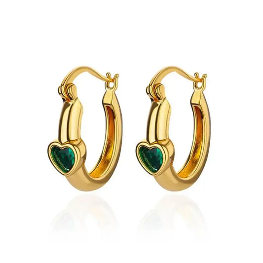 Green Zircon Heart Hoop Earrings for Women Stainless Steel Punk Unisex Rock Bohemian Earrings Fashion Jewelry Accessories Gift