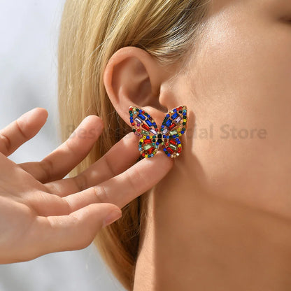 Elegant Design Butterfly Earrings Women Korean Fashion Colorful Crystal Ear Piercing Studs Cute Fairy Temperament Luxury Jewelry