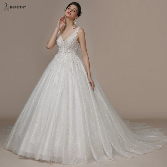 BEPEITHY Customized Bride Luxury V Neck Crystal Wedding Dresses 2023 Court Train Beading Exquisite Ivory Bridal Ball Gown Spring